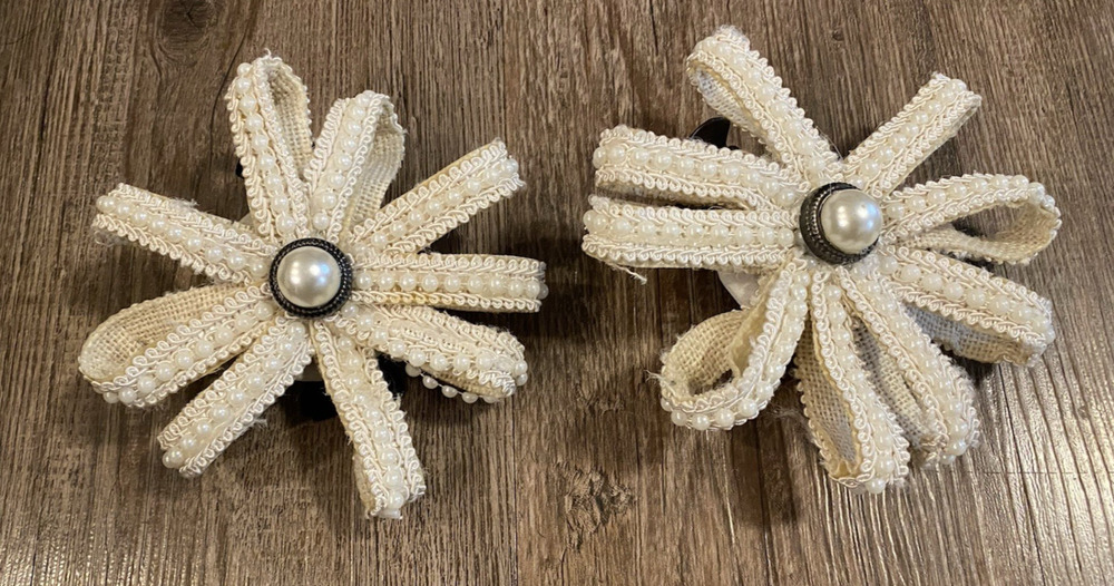 Vintage Pair of 2 Boho Beige Drapery Curtain Tie Backs Faux Pearl Center Clip On
